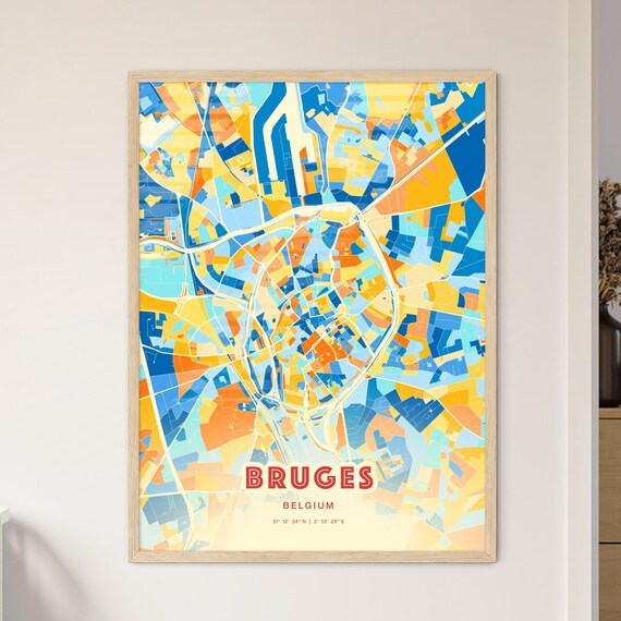 Bruges Belgium Bold Blue Orange Abstract City Street Map Art Poster