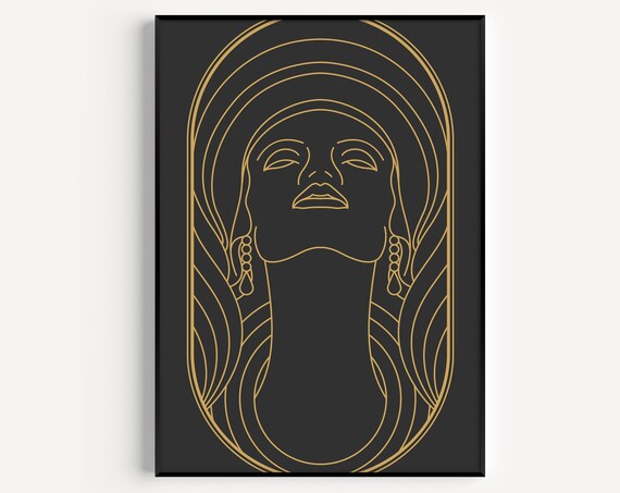 Golden Line Art Woman Portrait on Black Mucha Style Art Poster