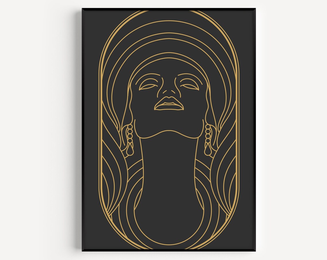Golden Line Art Woman Portrait on Black Mucha Style Art Poster