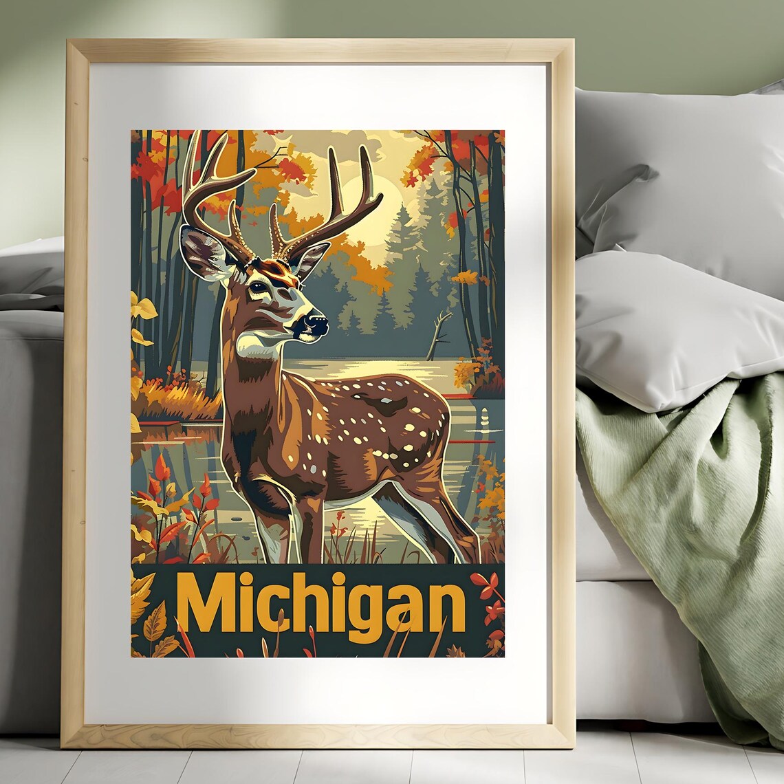 Michigan White Tailed Deer Autumn Forest Wildlife Travel Poster