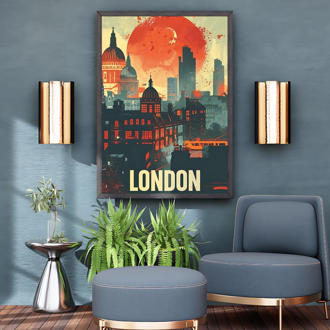 London Skyline Vintage Travel Poster With Red Sun And Historic Domes