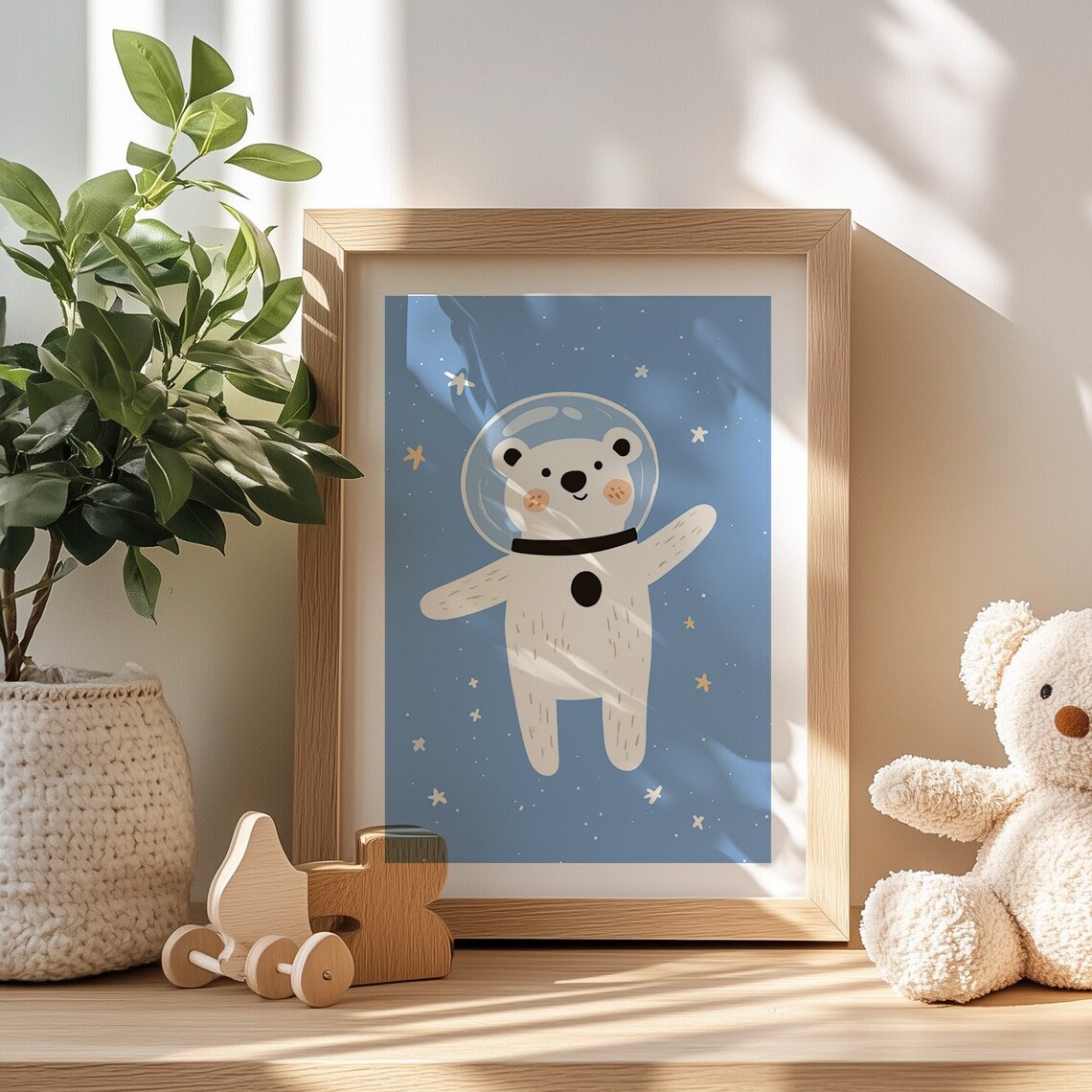 Astronaut Polar Bear Floating in Deep Space Cute Nursery Poster