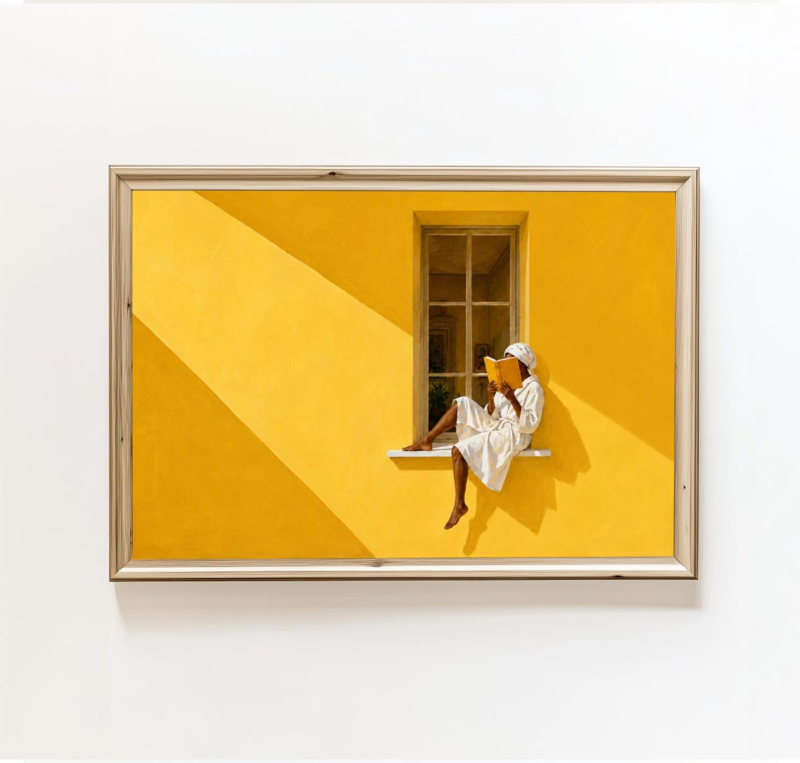 Woman Reading Book Art Window Sill Sunlight Print Yellow Wall Decor Bright Shadow