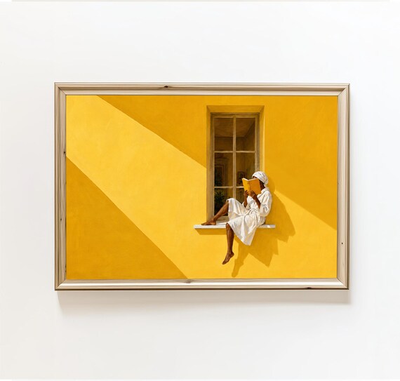 Woman Reading On Window Sill Art Print Yellow Sunlight Wall Decor