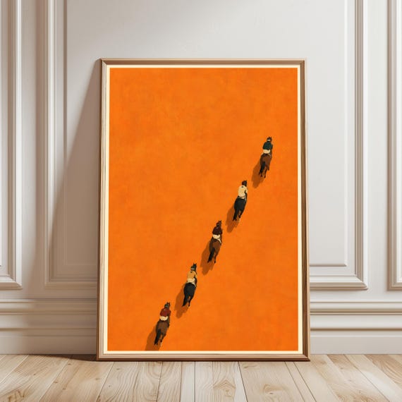 Horse Racing Print Aerial Jockey View Vibrant Orange Background Equestrian Wall Art
