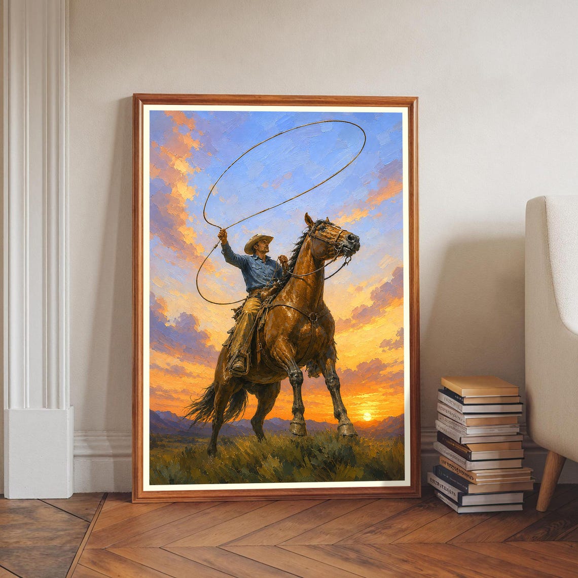 Cowboy Lasso Sunset Horse Dramatic Western Oil Style Art Poster