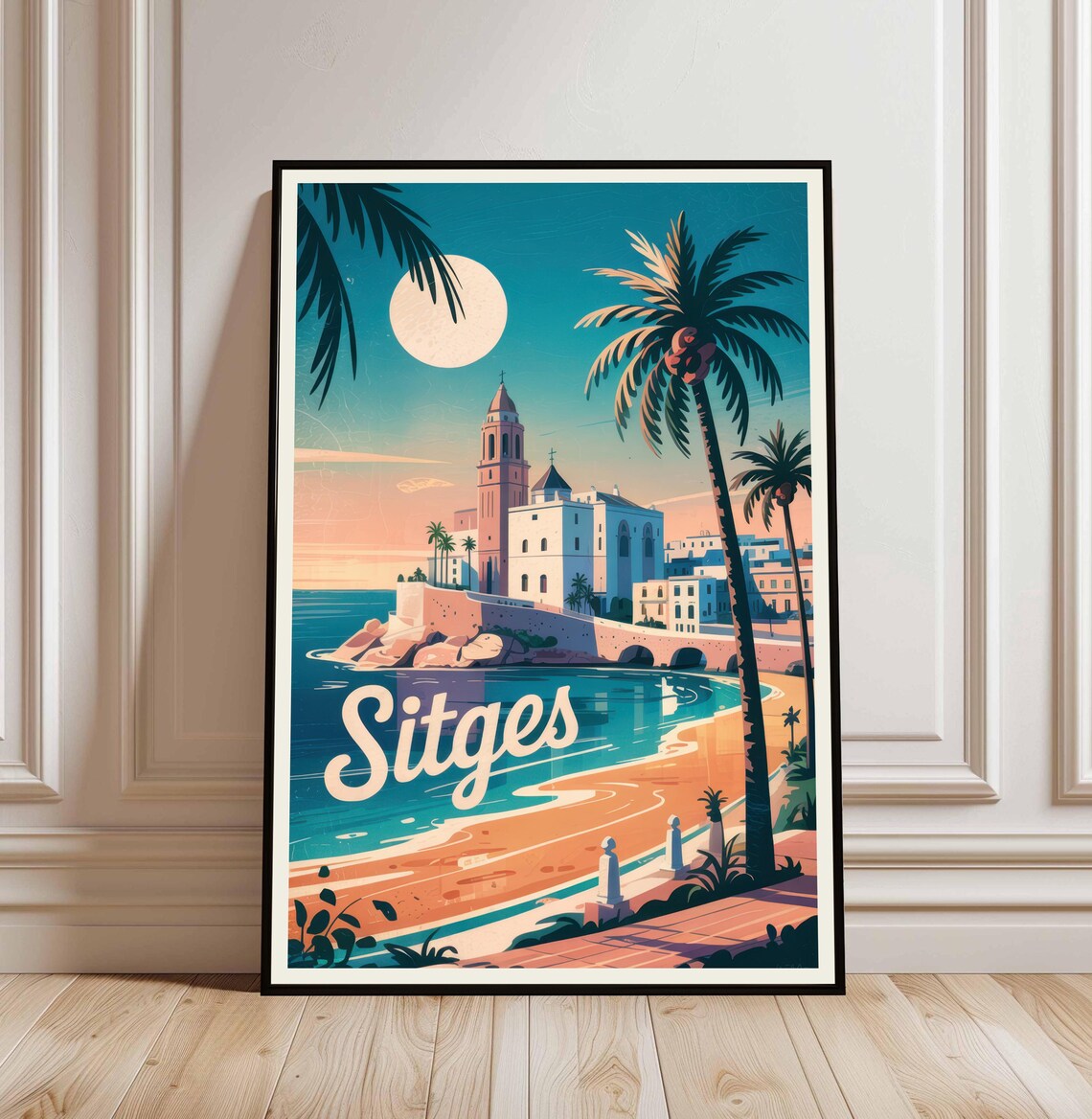 Sitges Spain Coastal Church Beach Moon Vintage Travel Poster