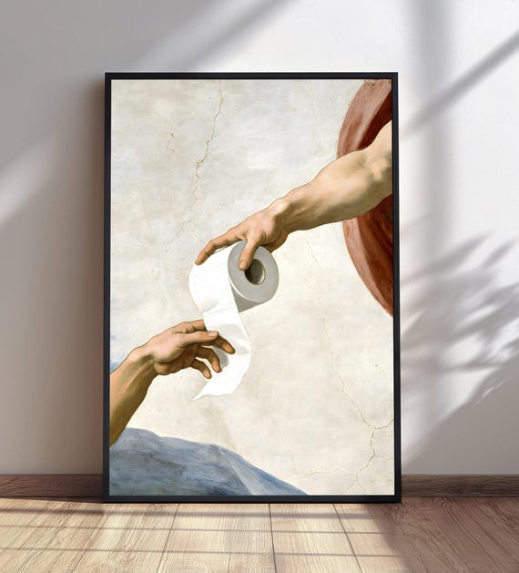 Creation Of Adam Toilet Paper Print Funny Bathroom Wall Art Michelangelo Parody Humorous Decor