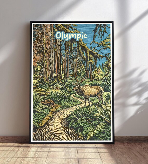 Olympic National Park Elk on Forest Trail Linocut Travel Poster