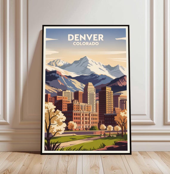Denver Colorado Travel Poster Cityscape Mountain View Digital Download