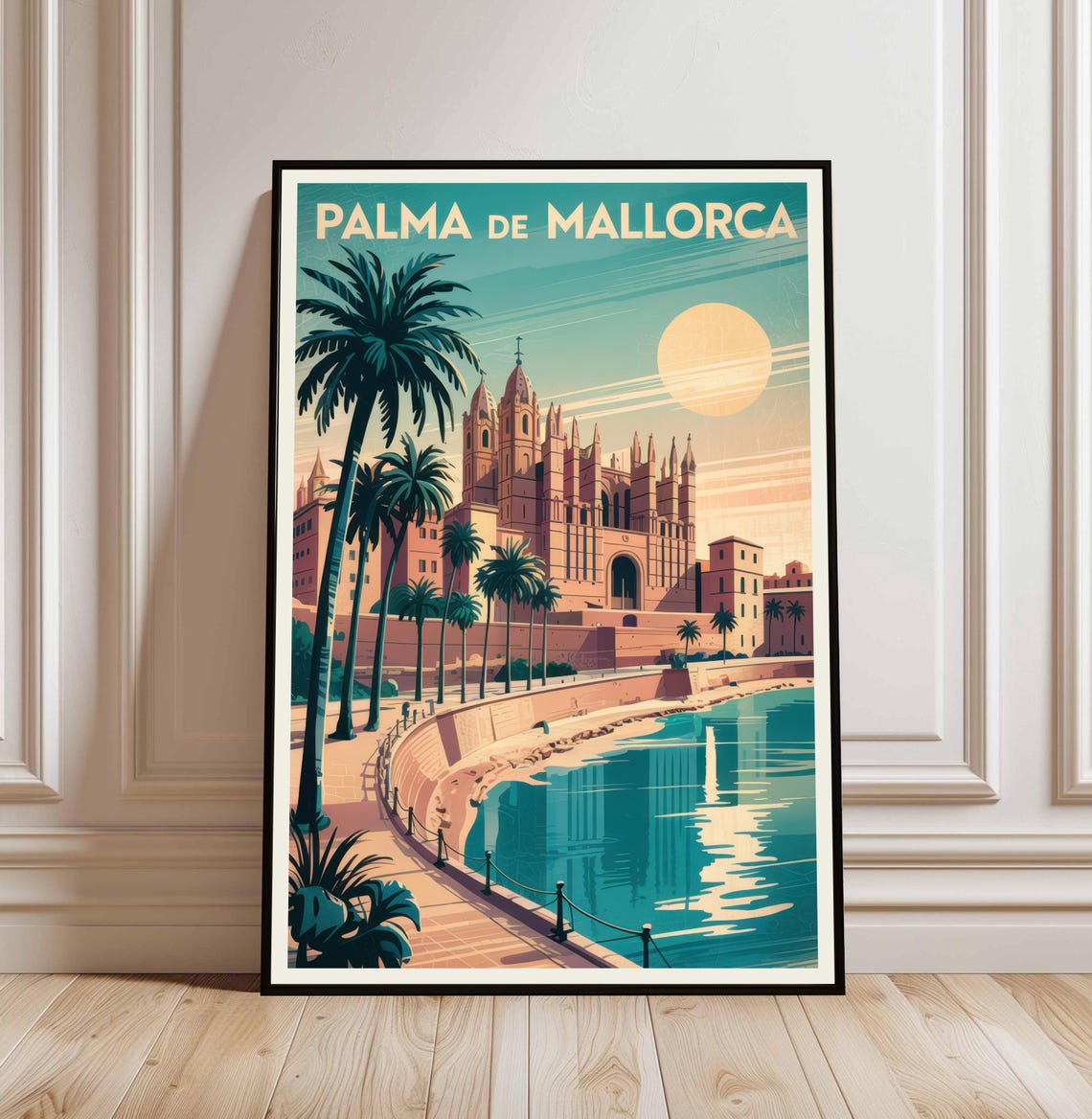 Palma de Mallorca Cathedral Waterfront Vintage Travel Art Poster