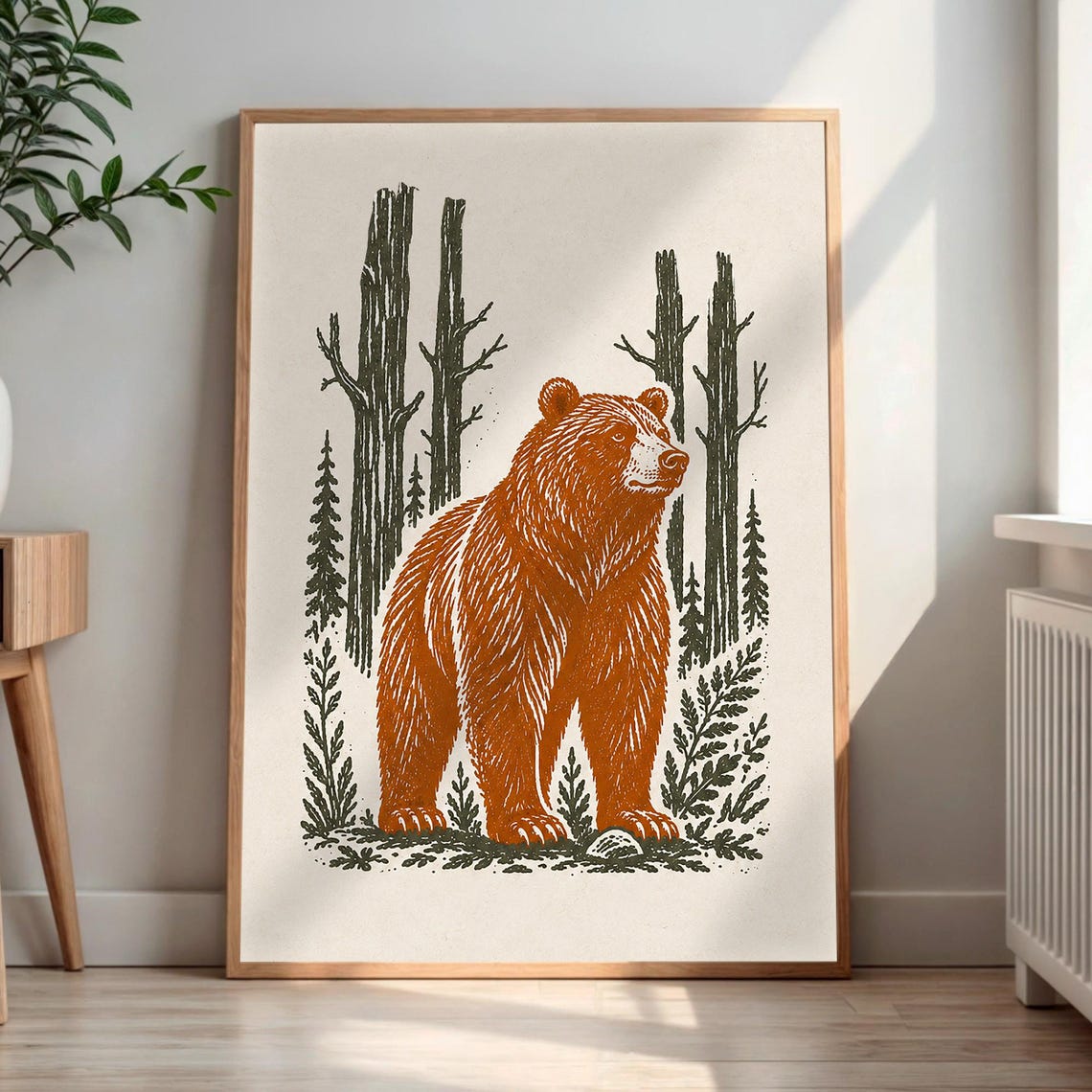 Rustic Brown Bear Forest Linocut Style Woodland Animal Poster