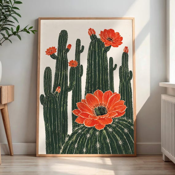 Cactus Flowers Wall Art Vibrant Orange Red Blooms Print Desert Botanical Decor Southwestern Home