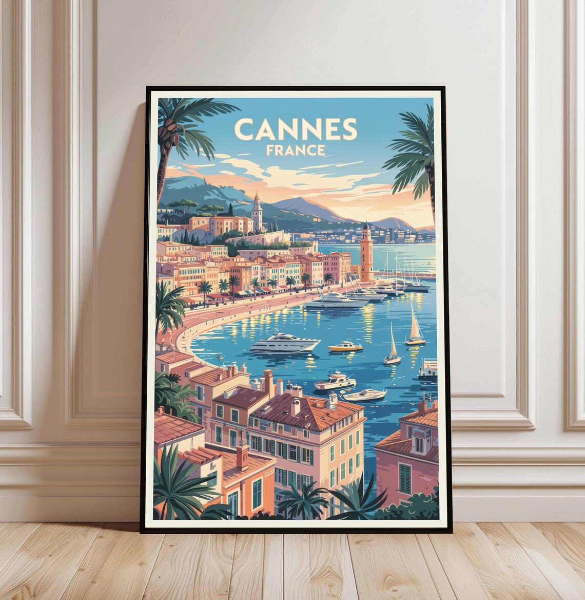 Cannes France Travel Poster With Riviera Harbor Yachts And Old Town