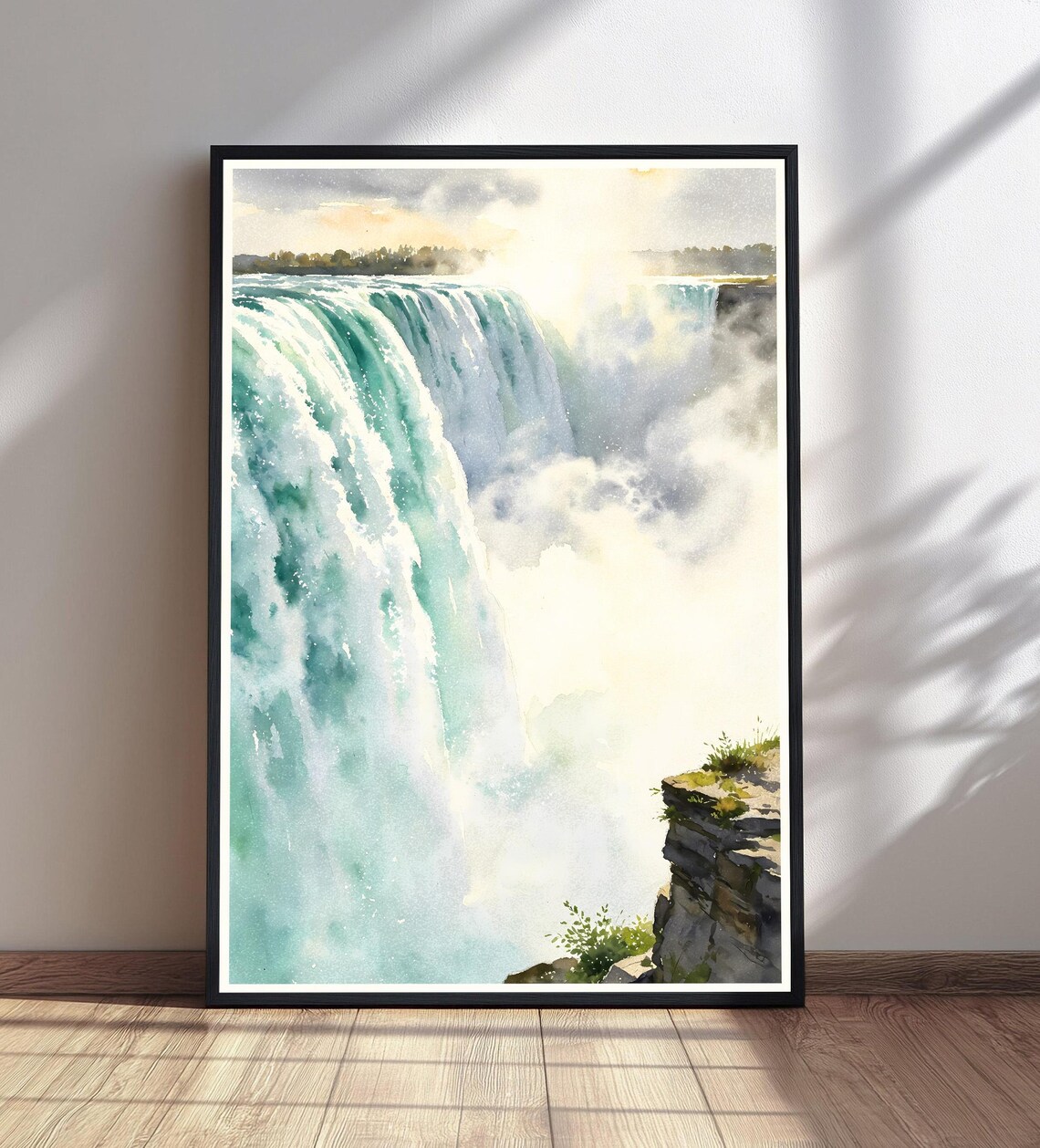 Niagara Falls Watercolor Misty Waterfall Cliffs Landscape Painting Poster