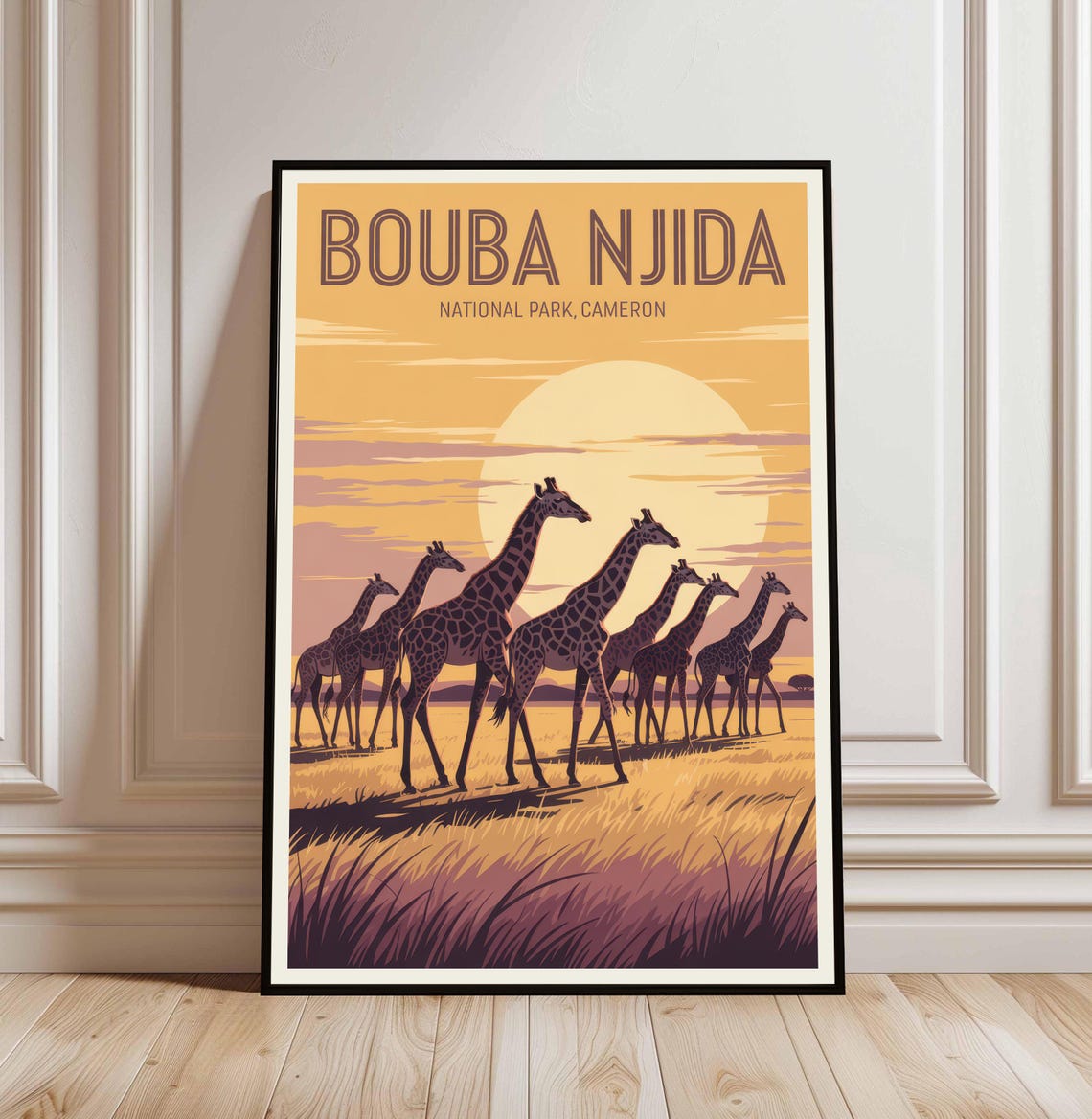 Bouba Njida National Park Cameroon Giraffe Sunset Travel Poster