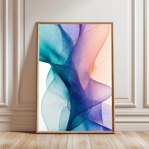 Abstract Flowing Lines Print Teal Purple Orange Gradient Wall Art Modern Minimalist Decor