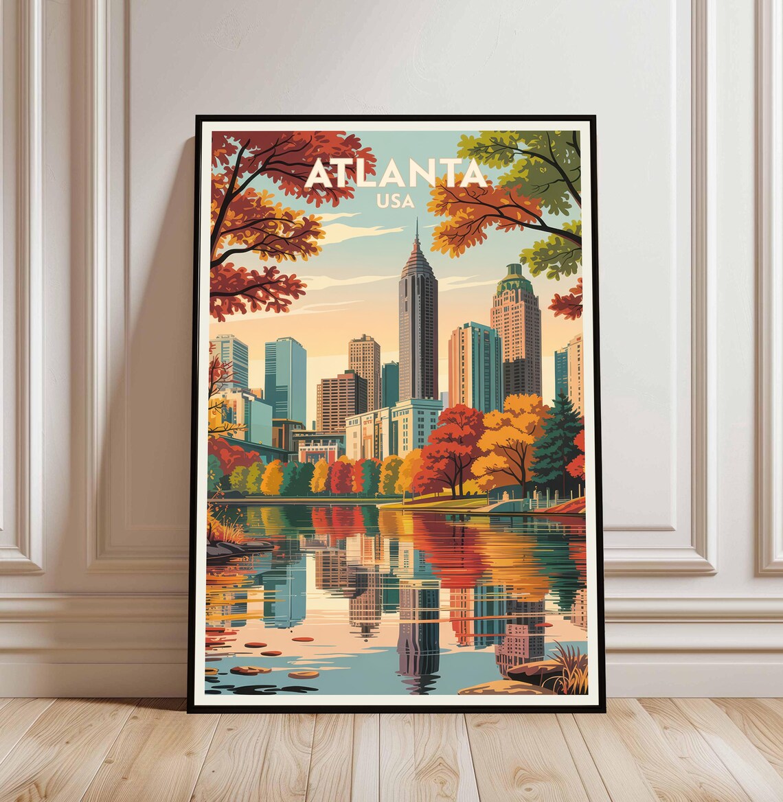 Atlanta USA Downtown Skyline Fall Colors Lake Reflection Travel Poster