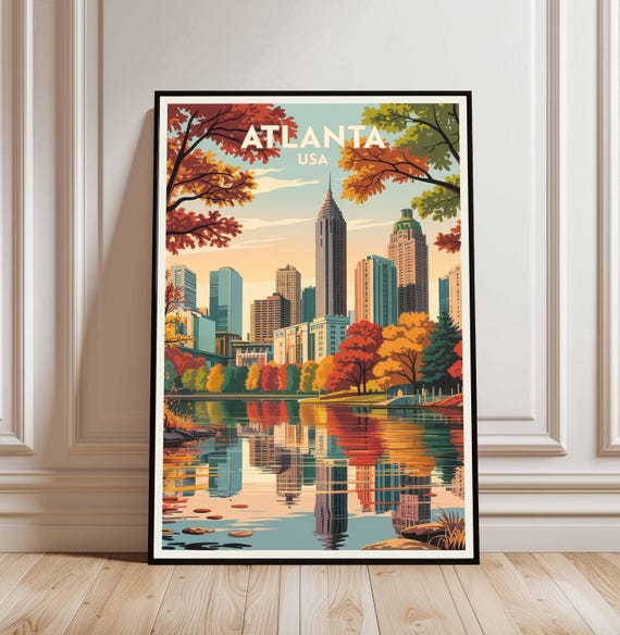Atlanta Skyline Poster Georgia Travel Wall Art Piedmont Park Landscape Mid Century Modern Decor Travelthemed Room Decoration