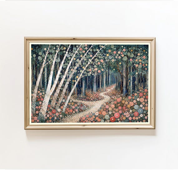 Abstract Birch Forest Print Colorful Flowers Wall Art Winding Path Nature Scene Woodland Home Decor