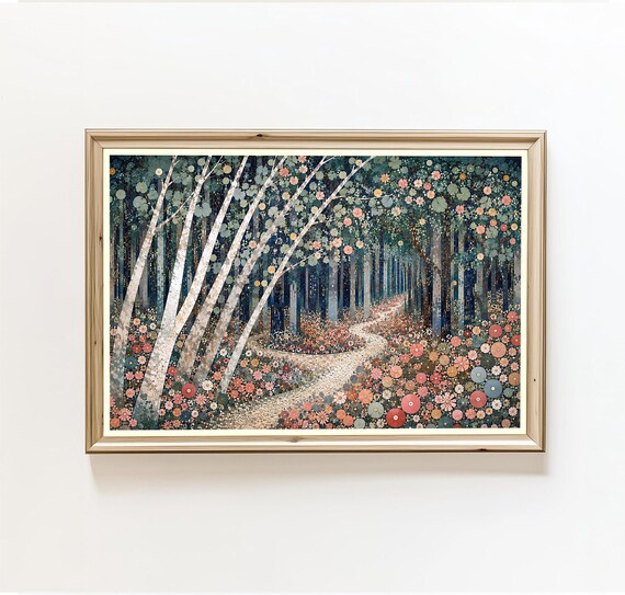 Abstract Birch Forest Winding Path Colorful Flowers Nature Wall Art