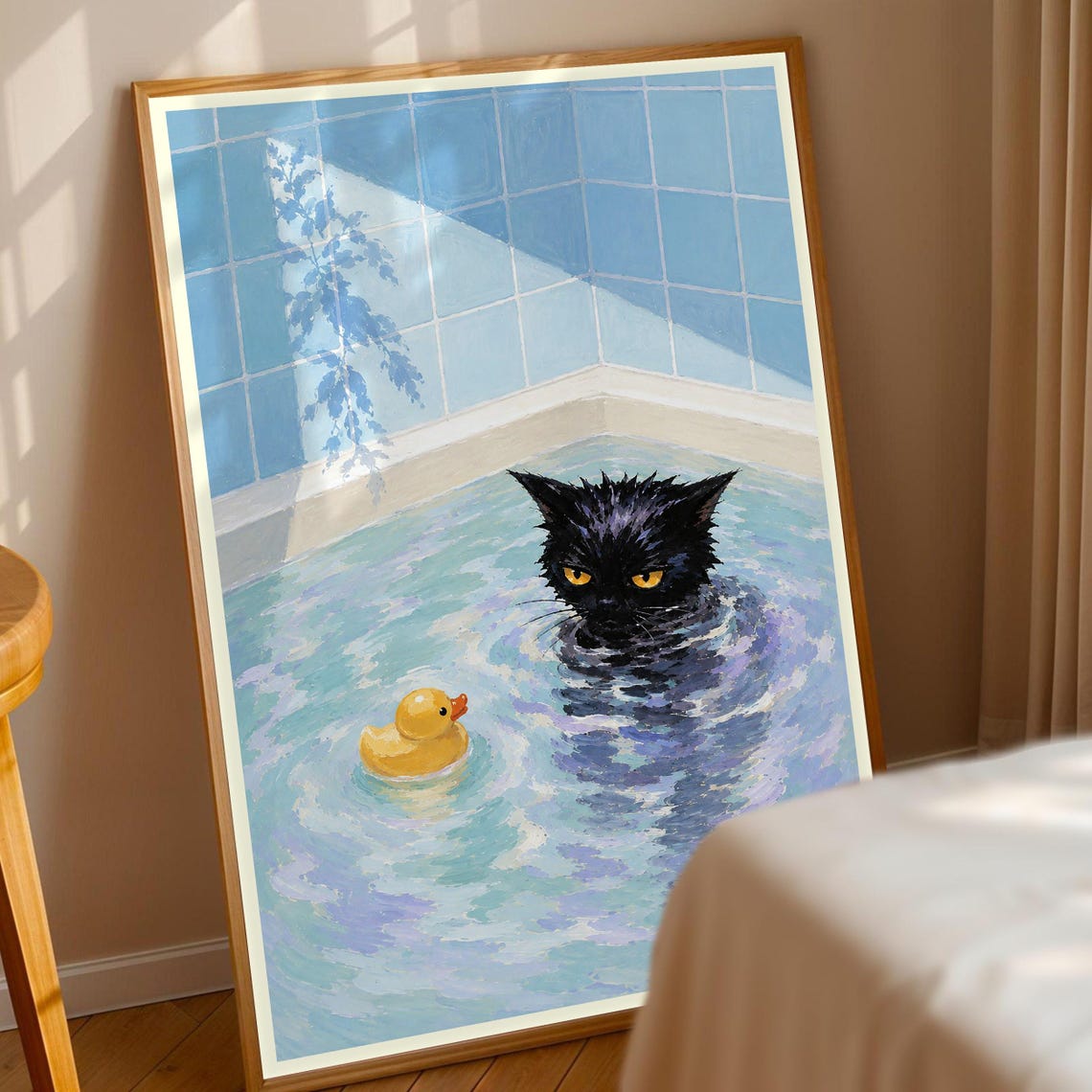 Grumpy Black Cat Bathtub Print Funny Rubber Duck Kitty Wall Art Humorous Bathroom Decor Pet Lover Gift