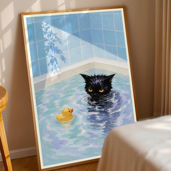 Grumpy Black Cat Bathtub Print Funny Rubber Duck Kitty Wall Art Humorous Bathroom Decor Pet Lover Gift