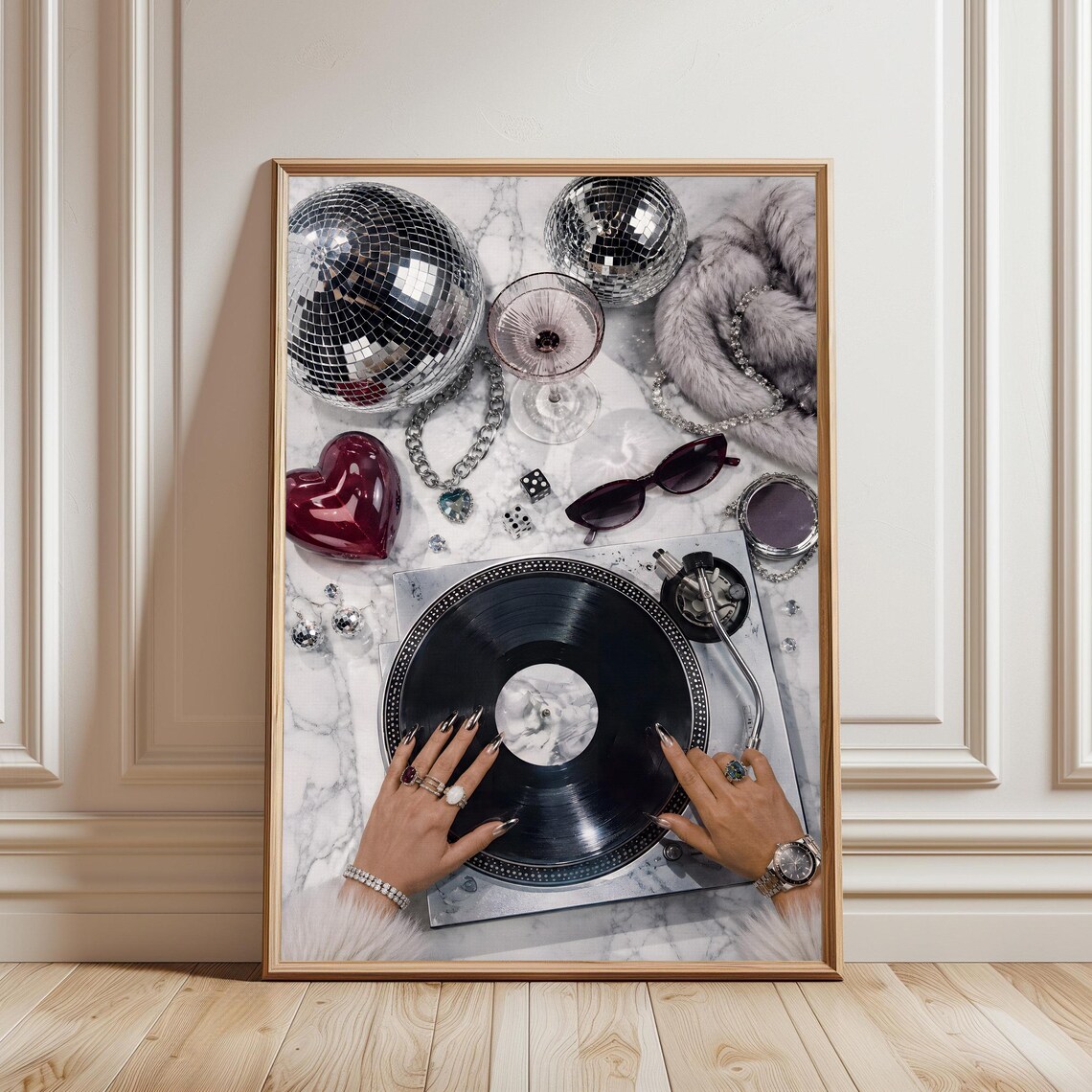 Disco Ball Record Player Art Print, Retro Glam