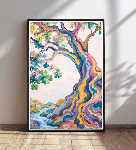 Abstract Tree River Print Colorful Landscape Wall Art Vibrant Nature Decor Modern