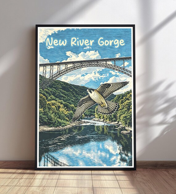 New River Gorge Steel Arch Bridge Falcon Soaring Linocut Travel Poster