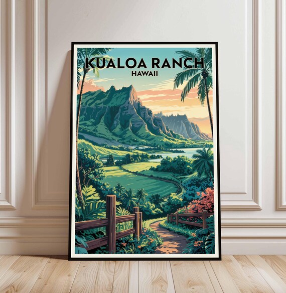 Kualoa Ranch Hawaii Lush Mountain Valley Palm Trail Travel Poster