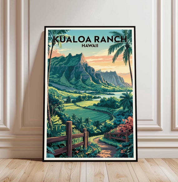 Kualoa Ranch Hawaii Travel Poster Vintage Island Art Digital Download
