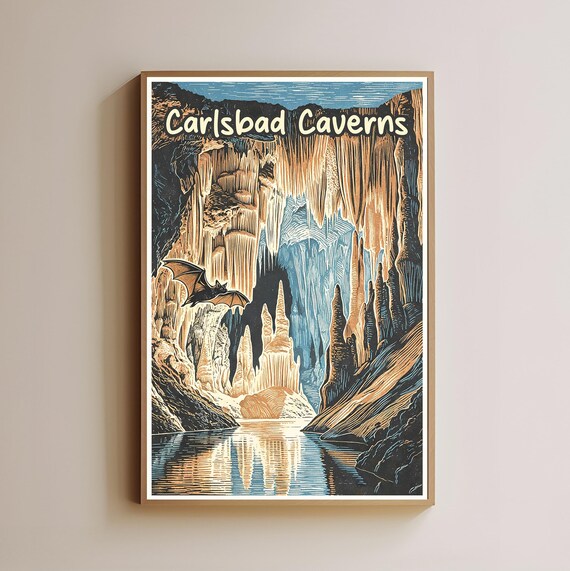 Carlsbad Caverns Cave Woodcut Travel Poster With Bat And Stalactites Art