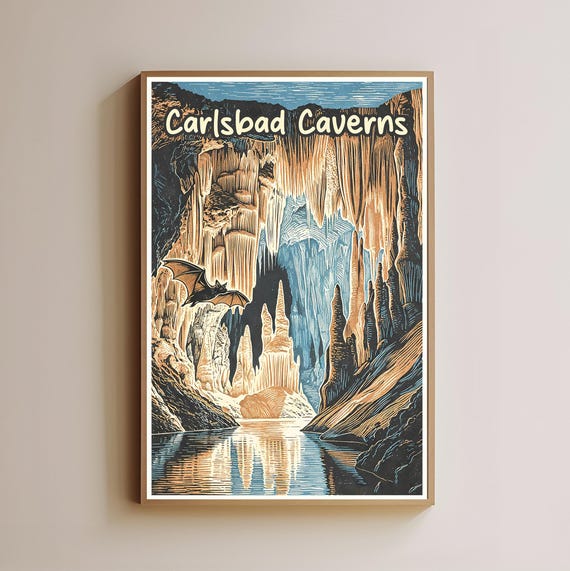 Carlsbad Caverns National Park Print Vintage Travel Poster Cave Wall Art Bat Nature Decor
