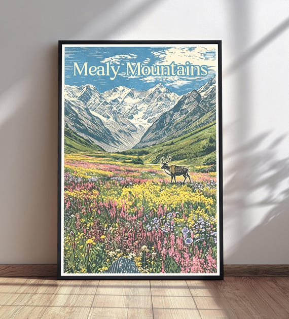Mealy Mountains National Park Poster Caribou Wildflower Print Vintage Travel Wall Art Canada Nature Decor