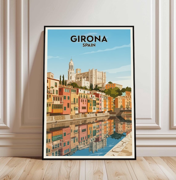 Girona Spain Colorful Vintage Travel Cathedral Riverside City Poster