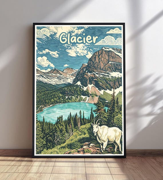 Glacier National Park Print Vintage Travel Poster Mountain Lake Wall Art Gift