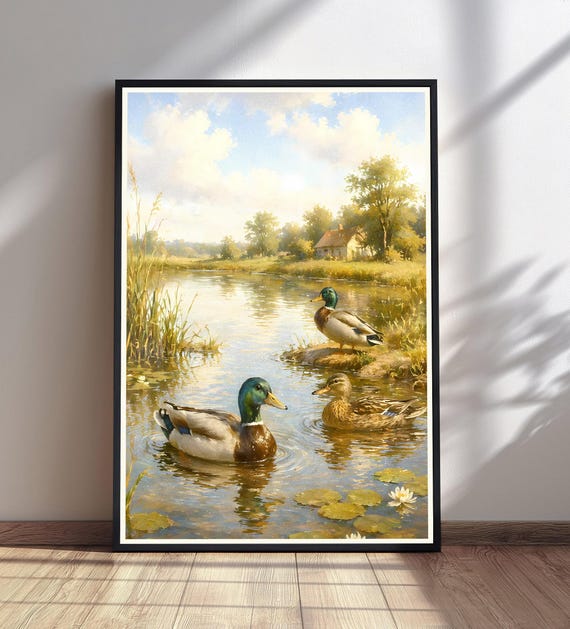 Realistic Mallard Bird Painting Duck Pond Wall Art Countryside Wildlife Print Cottagecore Nature Decor