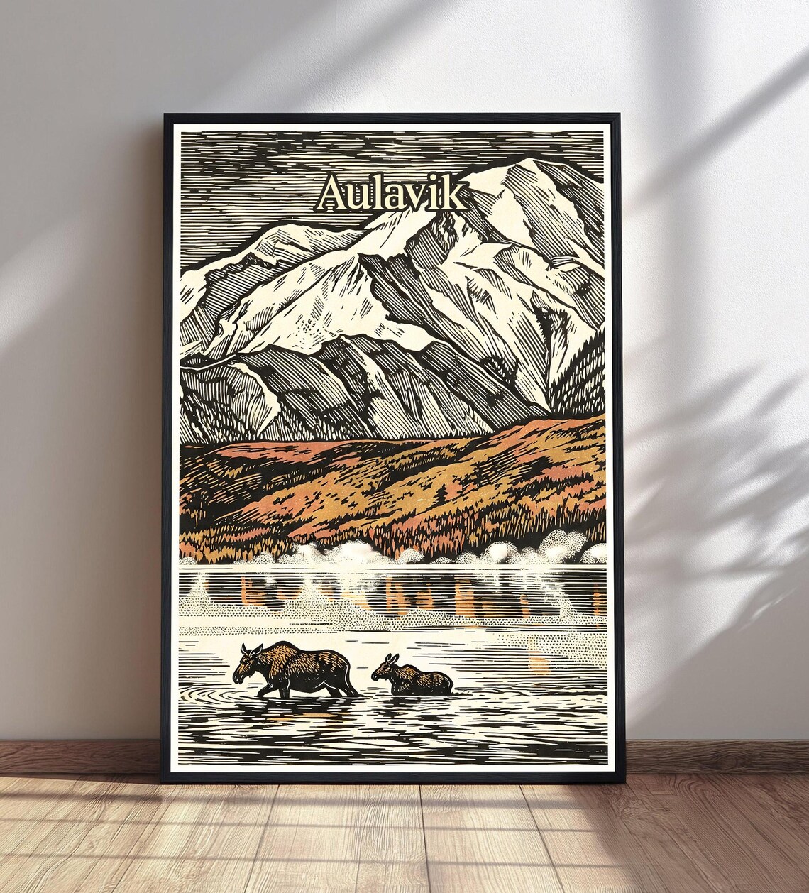 Aulavik Moose Lake Snowy Peaks Vintage Woodcut Travel Poster