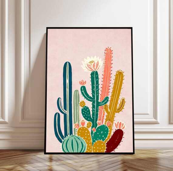 Colorful Cactus Cluster Pink Boho Desert Botanical Art Poster