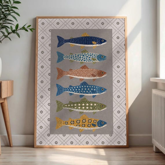 Stylized Fish Art Print Patterned Scales Wall Coastal Grandmillennial Decor Eclectic Cottage