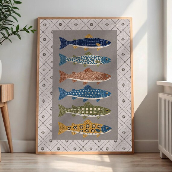 Stylized Folk Art Fish Patterned Scales Gray Coastal Decor Print