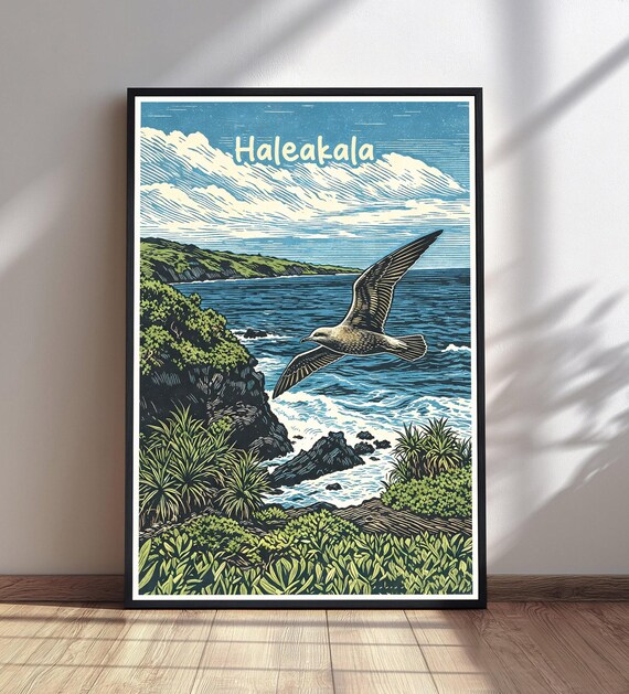 Haleakala Hawaii Seabird Over Ocean Cliffs Vintage Linocut Travel Poster