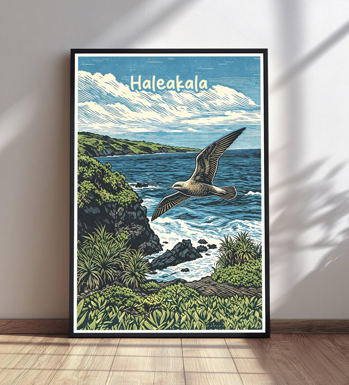 Haleakala Hawaii Seabird Over Ocean Cliffs Vintage Linocut Travel Poster