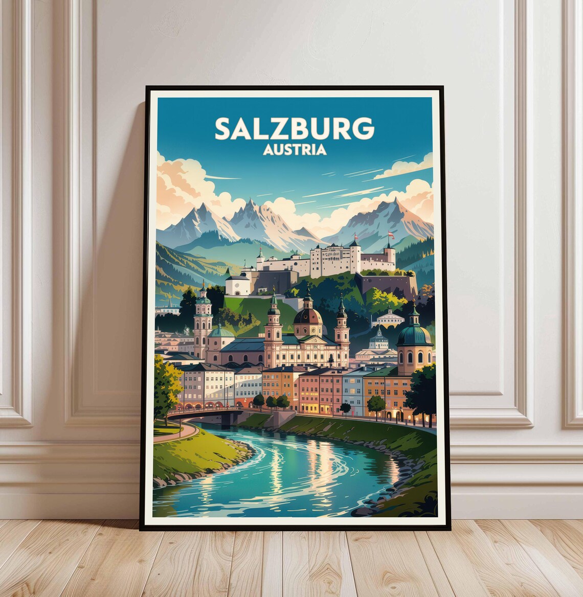 Salzburg Austria Fortress Old Town River Vintage Travel Landmark Poster