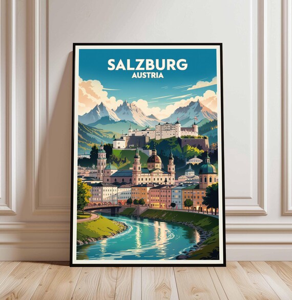 Salzburg Austria Fortress Old Town River Vintage Travel Landmark Poster