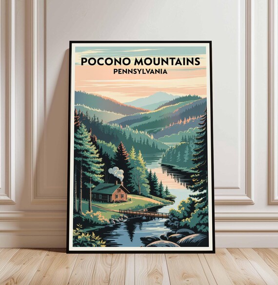 Pocono Mountains Pennsylvania Lakeside Cabin Vintage Style Travel Poster