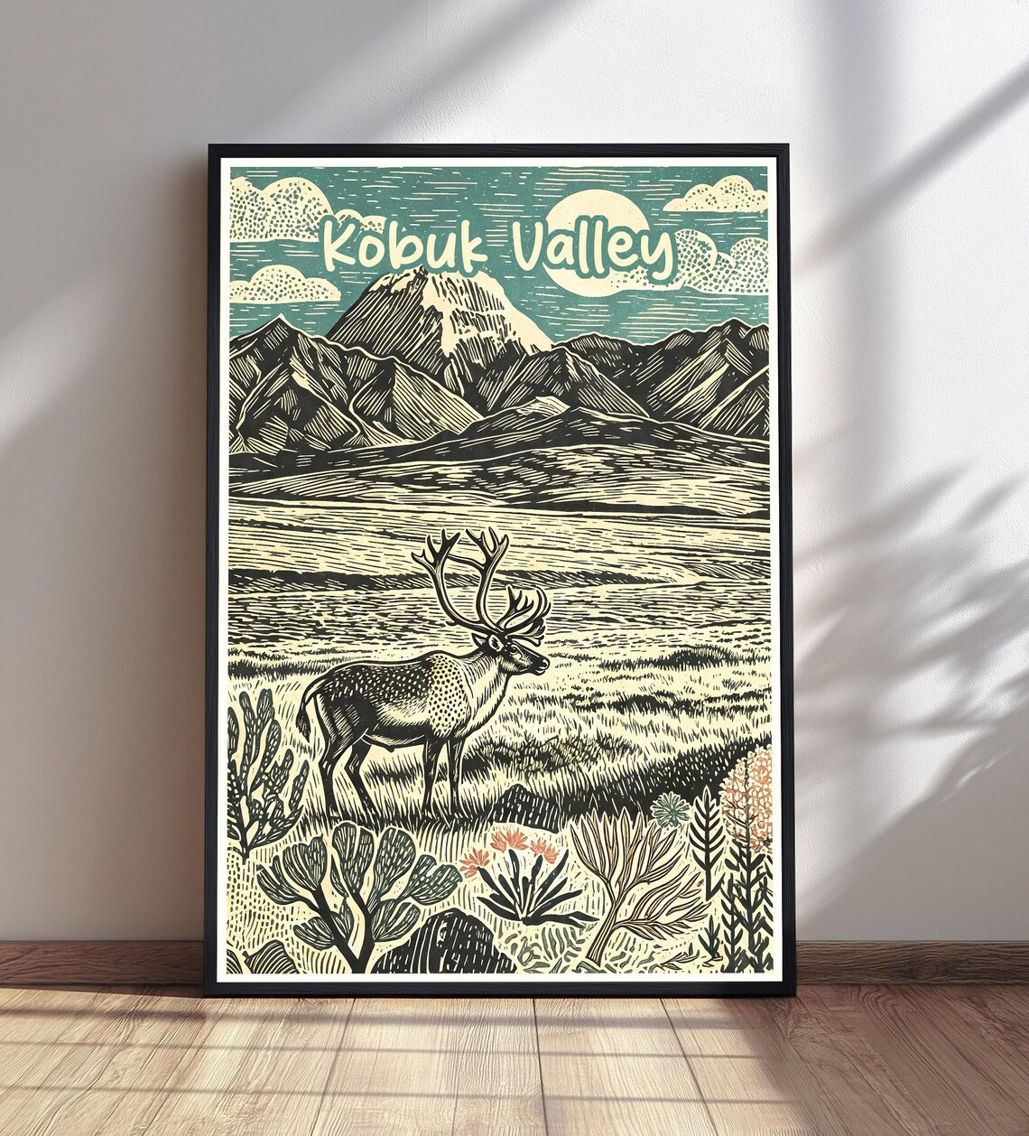 Kobuk Valley Caribou in Tundra Under Mountain Peaks Linocut Poster