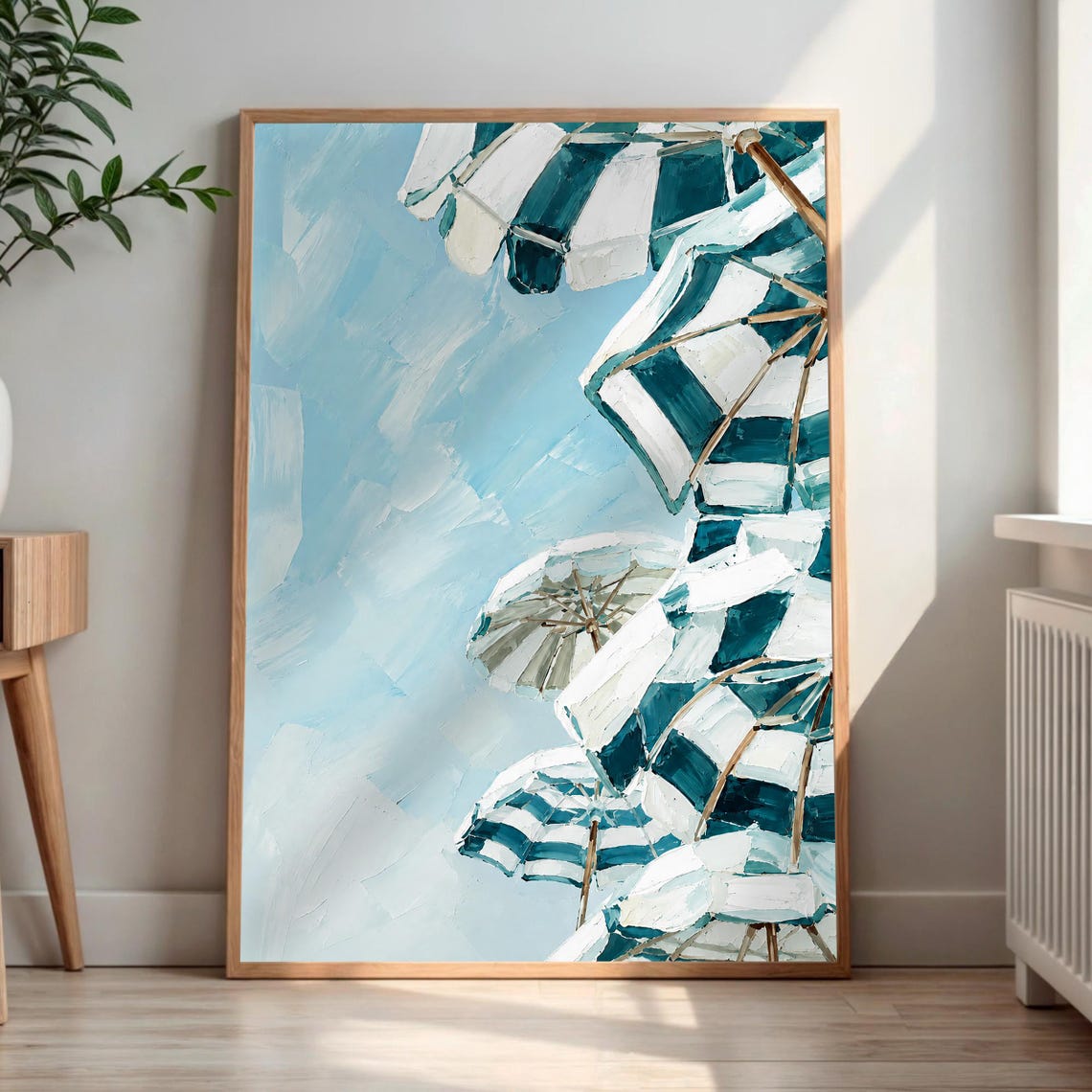 Teal White Striped Beach Umbrella Summer Coastal Ocean Art Poster