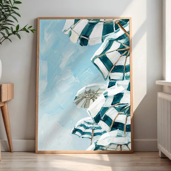 Abstract Beach Umbrella Print Teal Striped Coastal Wall Art Summer Ocean Decor House Painting